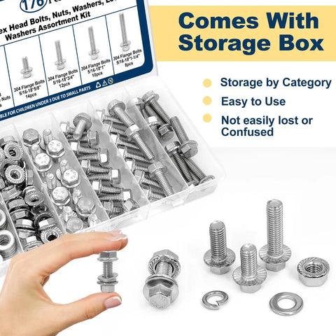 3/8-16 Stainless Steel Flange Bolts Kit, 112 Pieces With Washers And Serrated Flange Nuts, Full Thread, in storage box