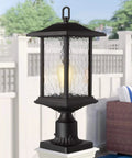 Outdoor Dusk to Dawn Post Light 21 Inch Exterior Lamp Post Lantern With Pier Mount Base Black Cast Aluminum And Water Glass Not Solar 110 to 120V AC Weatherproof Classic Lantern for Yard Driveway and Gate shown.