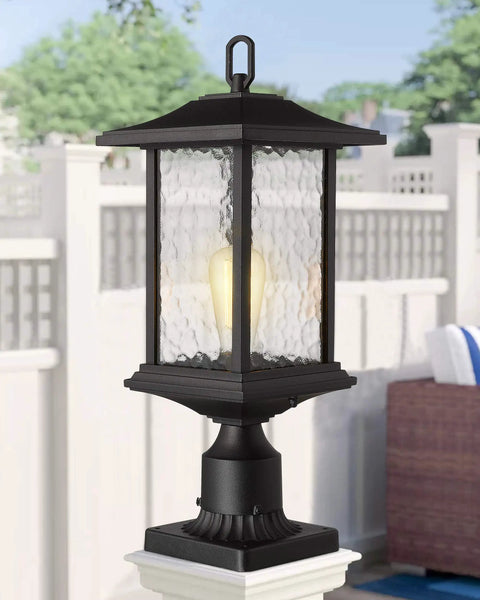 Outdoor Dusk to Dawn Post Light 21 Inch Exterior Lamp Post Lantern With Pier Mount Base Black Cast Aluminum And Water Glass Not Solar 110 to 120V AC Weatherproof Classic Lantern for Yard Driveway and Gate shown.