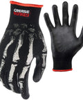 Bone Series Foam Nitrile Mechanic Gloves With Grip For Auto Repair And Tough All Purpose Work Heavy Duty Hand Protection For Oil Grease Tires Fluid Changes Large Black, skeleton design, palm view.