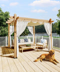 10x10 Ft Outdoor Pergola With Retractable Canopy, Metal Gazebo With Imitation Wood Grain Columns, Side Mesh Screens on a patio