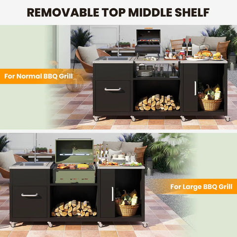 80 Inch Outdoor Grill Table With Sink And Drainage, Heavy Duty Metal Cart With Cabinet And Removable Stainless Steel Top, Portable Prep Cooking Table On Wheels For BBQ Patio Camping And Backyard with removable middle shelf for normal or large BBQ grill.