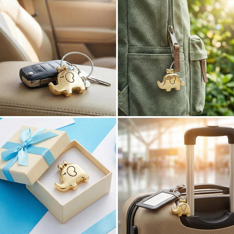 Sleek Silver Keychain With Chrome Tone Metal Charm, Screw Closure on keys, backpack, gift box, and luggage for quick access.