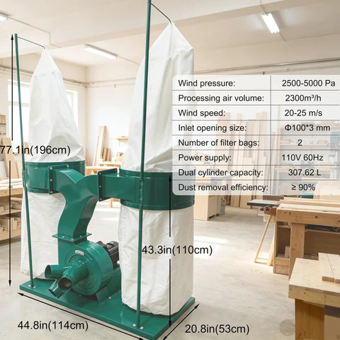 Intsuprmii Dual Bag Dust Collector For Woodworking, 2300Cfm Industrial Dust Collection System With 81 Gallon Canister in workshop setting.