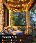 Covered patio decorated with 120LED 10Ft Solar Fairy Lights Outdoor Waterproof With 8 Modes IP65 Firecracker Twinkle String Lights for warm ambiance.