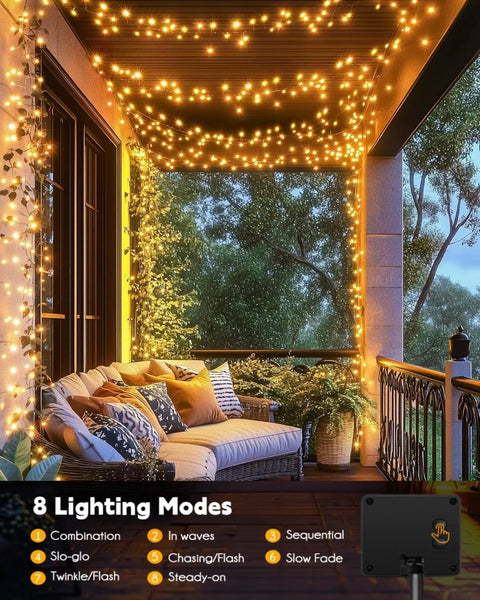 Covered patio decorated with 120LED 10Ft Solar Fairy Lights Outdoor Waterproof With 8 Modes IP65 Firecracker Twinkle String Lights for warm ambiance.