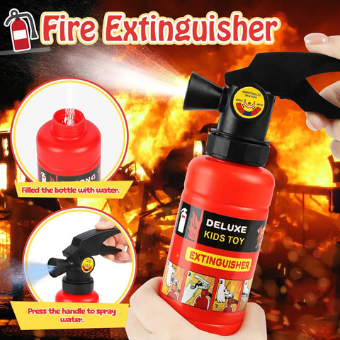 Red kids toy fire extinguisher designed for pretend play, filled with water, ideal for Rad Firefighter Dress Up Costumes For Kids With Lit Glow Helmet Water Sprayer Axe Walkie Talkie Badge And Tool Accessory Set Perfect For Youth Age 4 To 12.