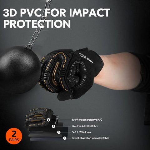 Waterproof Winter Mechanic Gloves With High Dexterity And Tough As Nails Protection Impact And Vibration Reduction 2 Pair Pack Black And Gold Size M for Auto Work Tooling Construction Driving And DIY Projects, showcasing impact protection with 3D PVC.