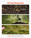 Three panels showing fertilizing, seeding, and weeding processes for all-year-round use.