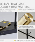 Lit 7W LED Desk Lamp With Qi Wireless Charging Pad And USB Port, adjustable brass arm, black base, close-up of features