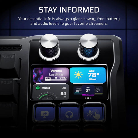 Black Galleon 100 RGB Mechanical Wired Gaming Keyboard With Insane Tactile Feedback And Built In Elgato Stream Deck Integration For A Truly Goated Player One Experience showing stream deck screen and knobs for quick access.