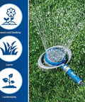 Metal 8 Pattern Turret Sprinkler With Adjustable Spray And Weighted Base in use watering a lawn, showing spray pattern