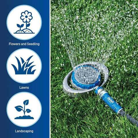 Metal 8 Pattern Turret Sprinkler With Adjustable Spray And Weighted Base in use watering a lawn, showing spray pattern