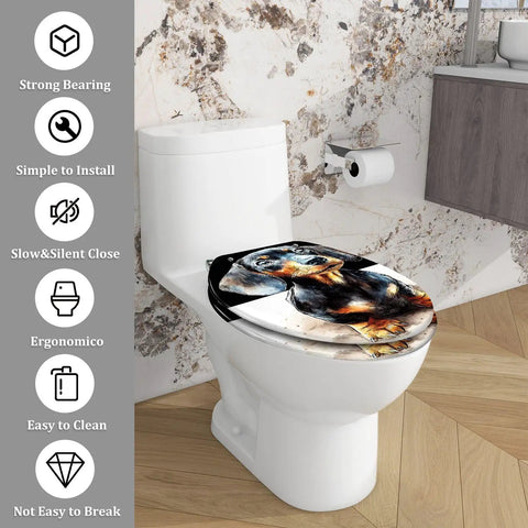 Elongated Toilet Seat Quiet Close Bathroom with a decorative dog design, fitted on a white toilet in a stylish bathroom.