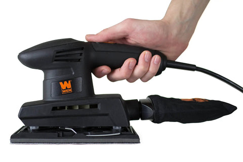 Hand using Electric 1/3 Sheet Sander With 12,000 OPM, 3-5/8 X 7-3/8 Inch Sanding Pad, Ultra Lightweight 3 Pound Tool, Dust Collection Bag