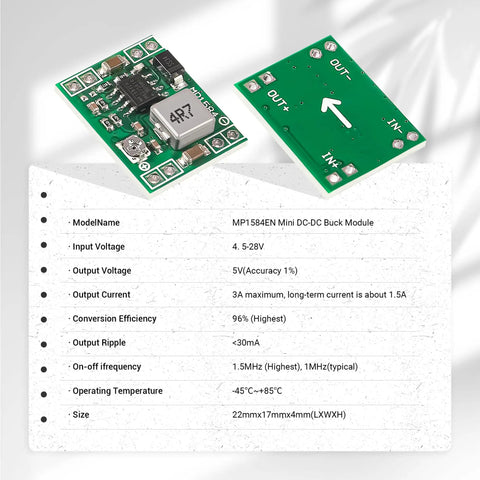 MP-1584EN Buck Converter Mini 6 Pack 3A DC-DC Step-Down Module with specs, showing front and back views on a dotted background.