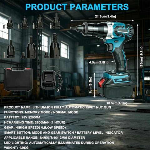 Cordless Rivet Nut Tool Kit 2 In 1 Electric Rivet Nut Gun Portable Battery Powered For Aluminum Steel And Stainless Steel Rivets Ideal For Auto Body DIY Projects with accessories