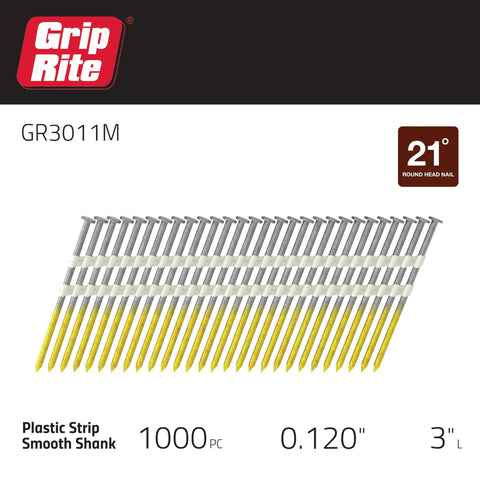 21 Degree Plastic Strip Round Head Framing Nails Bright Coated 3 In By 0.120 In Collated For 21 Degree Nailer Systems