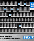 Heavy Duty 208 Piece Screwdriver Bit Set With One Quarter Inch Hex Shank Chrome Vanadium Steel Bits displayed in an array