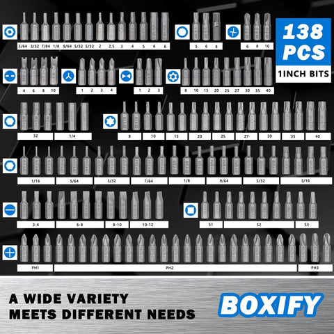 Heavy Duty 208 Piece Screwdriver Bit Set With One Quarter Inch Hex Shank Chrome Vanadium Steel Bits displayed in an array