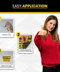 Woman showing thumbs up demonstrating easy application steps for Thirty Six Inch Caution Stickers Pack Of Ten Seven By Five Inch Electrical Panel Clearance Signs Tough Stick On Vinyl Safety Decals.