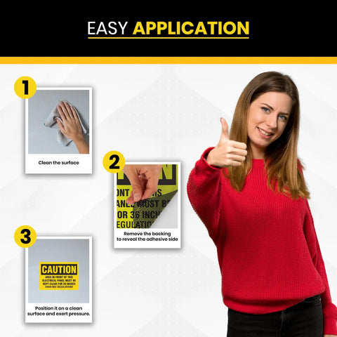 Woman showing thumbs up demonstrating easy application steps for Thirty Six Inch Caution Stickers Pack Of Ten Seven By Five Inch Electrical Panel Clearance Signs Tough Stick On Vinyl Safety Decals.