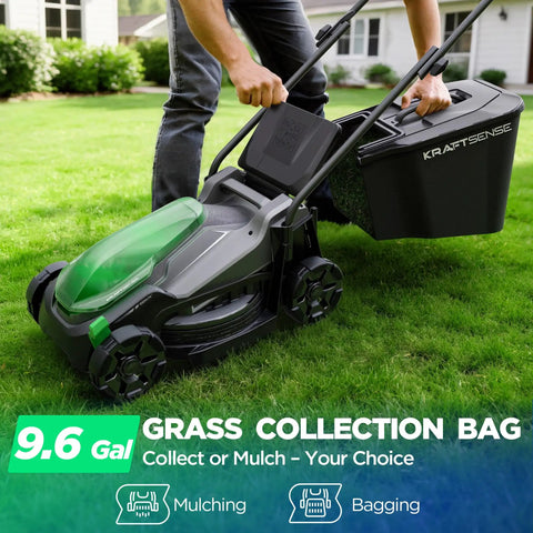 Lightweight 14 Inch Cordless Lawn Mower With 20V Power And 5Ah Battery, Ultra Quiet Push Mower For Small Yards Up To 3,000 Sq Ft, Easy Maneuver, Backyard Lawn Care And Maintenance, with grass collection bag