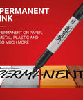 Fine Tip Permanent Markers Black 12 Pack Quick Drying Fade Resistant Multi Purpose Ink For Paper Plastic Wood Metal Smooth Glide No Sweat Marking Sick Durability For Any Bold Craft Project showing writing on paper, metal, and wood.