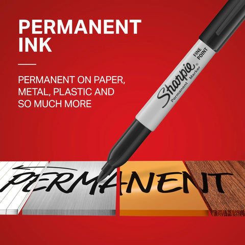 Fine Tip Permanent Markers Black 12 Pack Quick Drying Fade Resistant Multi Purpose Ink For Paper Plastic Wood Metal Smooth Glide No Sweat Marking Sick Durability For Any Bold Craft Project showing writing on paper, metal, and wood.