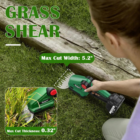 Person using Cordless Hedge Trimmer With Battery And Charger 2 In 1 Small Electric Hedge Trimmers Rechargeable Mini Handheld Grass Shears Weed Bush Trimmer For Garden And Lawn Quick Charge Includes 2X 3Ah Battery on grass