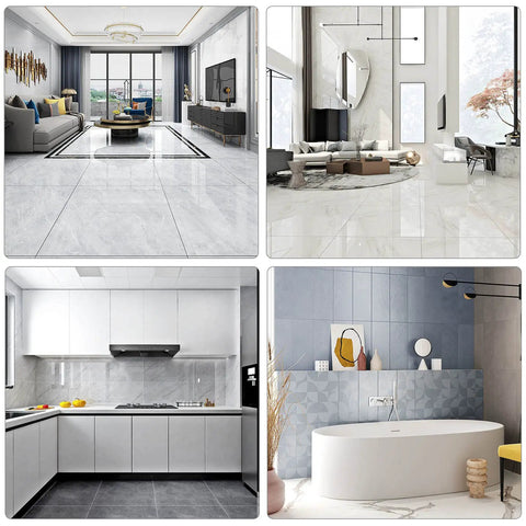 Living room, kitchen, and bathroom interiors with porcelain tile floors, showcasing use of 16 Inch Manual Tile Cutter With Tungsten Carbide Scoring Wheel For Porcelain And Ceramic Tiles Adjustable Laser Guide Anti Skid Rubber Pads High Precision Due To Spatial Linear Bearing Block Includes Bonus Spare Cut Wheel.