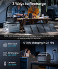 High Capacity 288Wh LiFePO4 Portable Power Station With 350W Continuous Output And 600W Surge 110V Pure Sine Wave AC Outlets Solar Generator in use outdoors with solar panels and indoors charging laptop