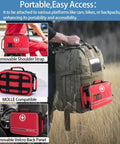 Red first aid kit attached to a camping backpack; shows removable shoulder strap, MOLLE compatibility, Velcro panel.