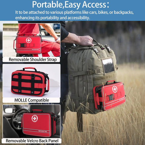 Red first aid kit attached to a camping backpack; shows removable shoulder strap, MOLLE compatibility, Velcro panel.