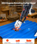Sheet Metal Cutter Drill Attachment With 360 Degree Pivoting Head Sharp Blades used on blue sheet in workshop