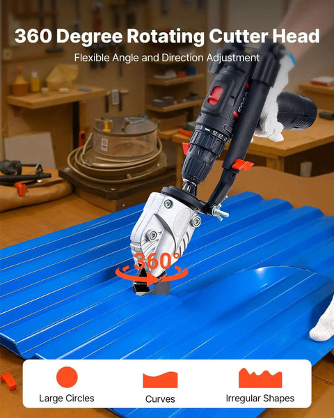 Sheet Metal Cutter Drill Attachment With 360 Degree Pivoting Head Sharp Blades used on blue sheet in workshop