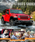 Red SUV navigating mountainous stream under 'Complete Struts Shock' text, highlighting improved comfort and stability.