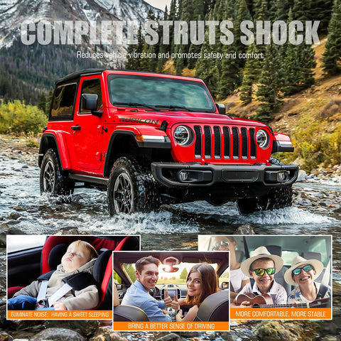 Red SUV navigating mountainous stream under 'Complete Struts Shock' text, highlighting improved comfort and stability.