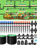 All In One Drip Irrigation Kit With 246 Ft Main One Half Inch Tube And One Quarter Inch Branch Tubing, adjustable emitters and connectors, garden setup