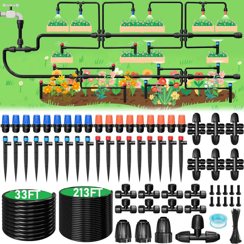 All In One Drip Irrigation Kit With 246 Ft Main One Half Inch Tube And One Quarter Inch Branch Tubing, adjustable emitters and connectors, garden setup