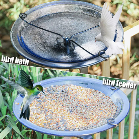 Heavy Duty Deck Mounted Glass Bird Bath With Secure Adjustable Clamp For Garden Railing showing bird bath and feeder with a clear view.