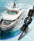 Dual Trim and Jack Plate Switch With Fingertip Blinker Style Bezel Control alongside yacht in ocean view