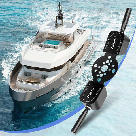 Dual Trim and Jack Plate Switch With Fingertip Blinker Style Bezel Control alongside yacht in ocean view