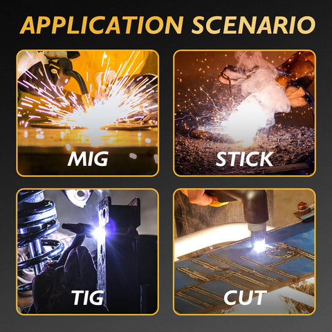 Application scenarios for Auto Darkening Welding Helmet With Extra Large Viewing Area 4.31 By 3.81 Inches shown for MIG, Stick, TIG, Cut