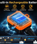 Heavy Duty Automatic Electric Fuel Transfer Pump With 3.8 GPM Fast Flow showing rechargeable battery and USB-C charging port.