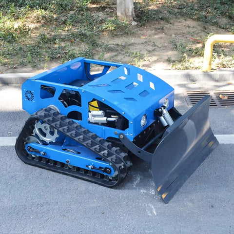 Remote Control RC Tracked Lawn Mower For Slopes And Uneven Terrain Wireless Grass Cutter with front blade, on pavement