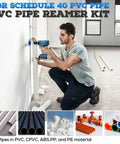 Man using Nine Piece Set PVC Pipe Reamer Kit For Deburring And Edging One Half To Four Inch Pipes with Dual Blade Technology.