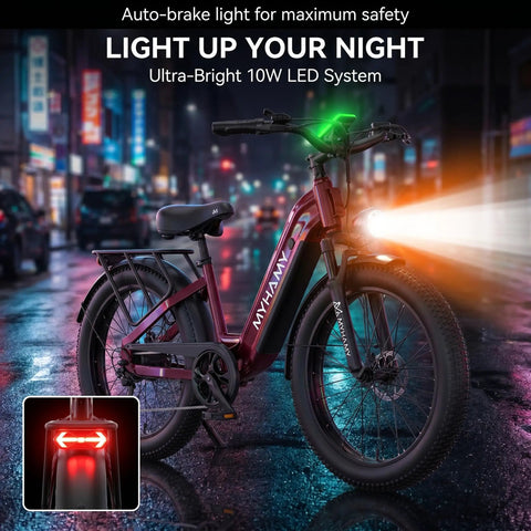 Fat Tire Electric Bike With 24In Wheels, 2000W Peak Motor, 48V 18.5Ah Removable Battery, night riding with LED lights in city