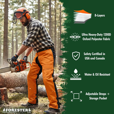 Man wearing orange 37 inch apron style chainsaw chaps for men and women with pocket and adjustable waist built for pro grade chainsaw safety gear and leg protection on the job in a forest using a chainsaw.