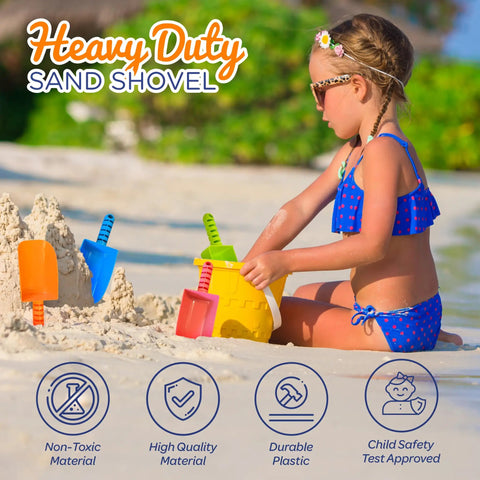 Child playing with 4 Pack Beach Shovels For Kids 8 Inch Heavy Duty Plastic Sand Shovels Great For Beach Toys